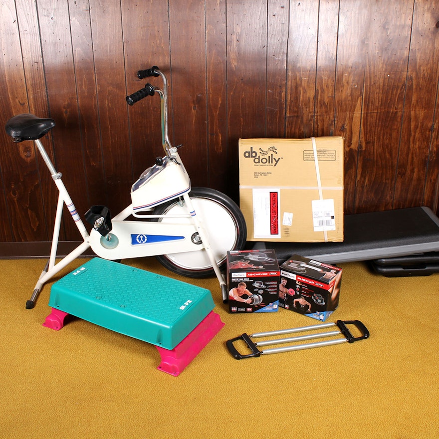 Vintage Sears Exercise Bike and Exercise Equipment Assortment