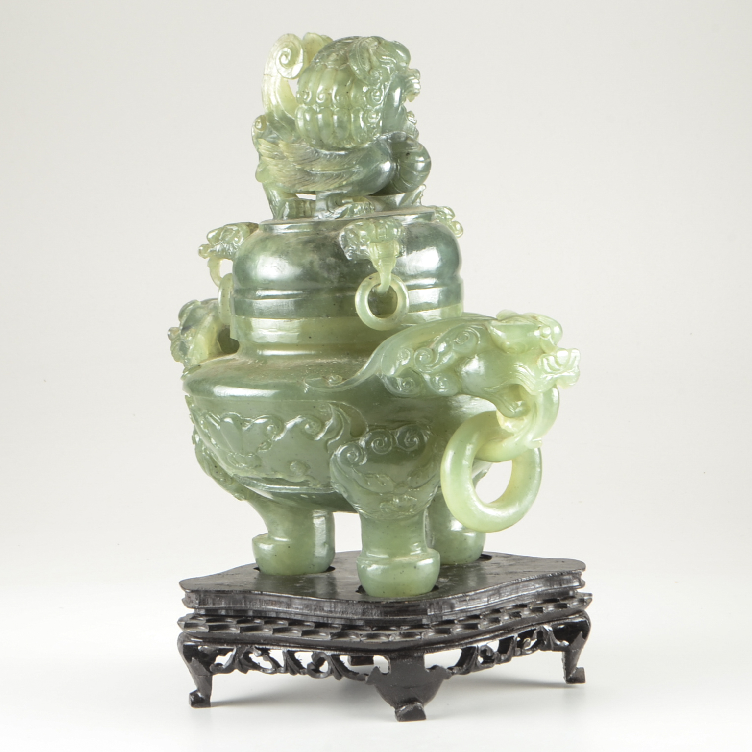 Chinese Carved Green Serpentine Censer on Stand