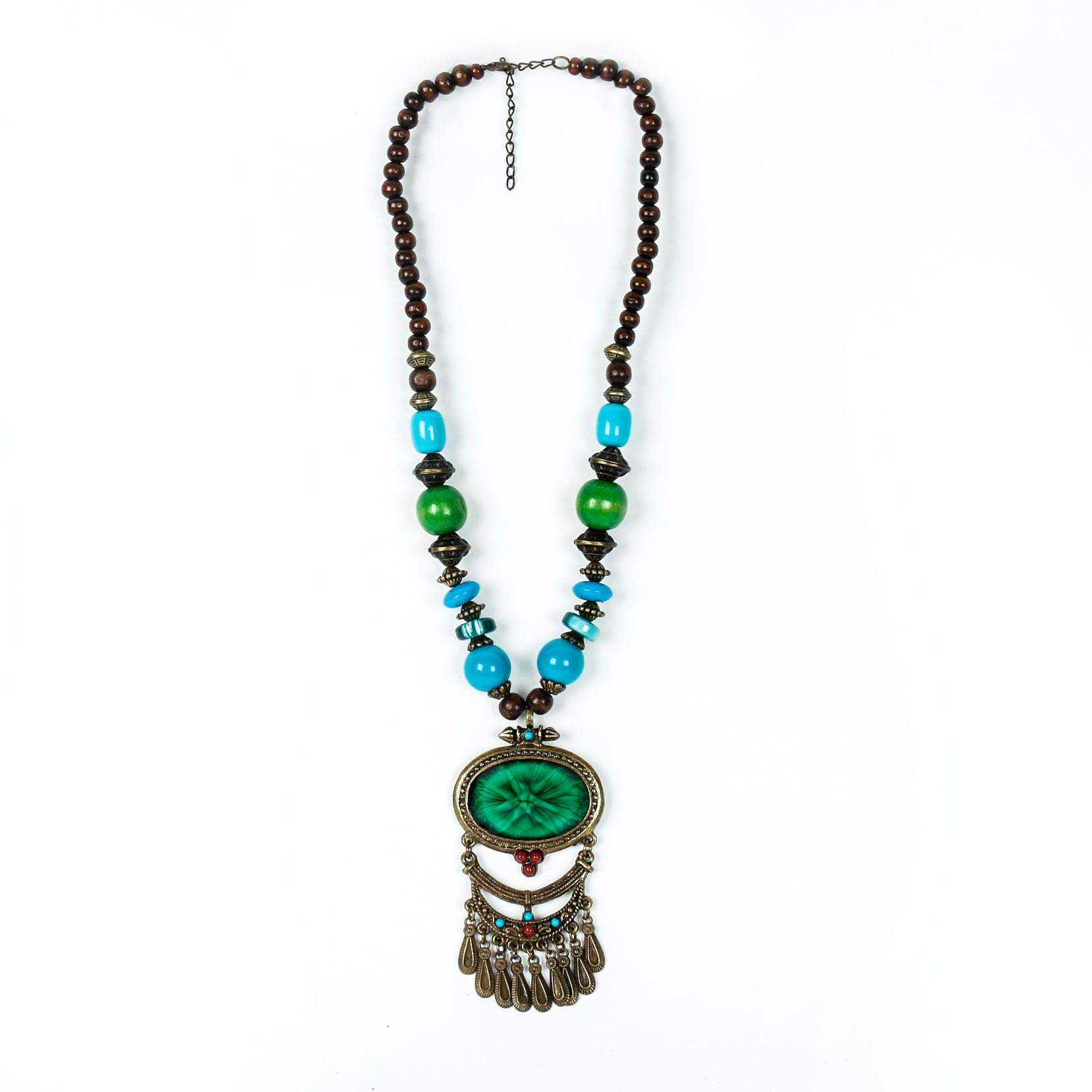 Vintage Colorful Faux Malachite and Turquoise Color Bead Tribal Necklace