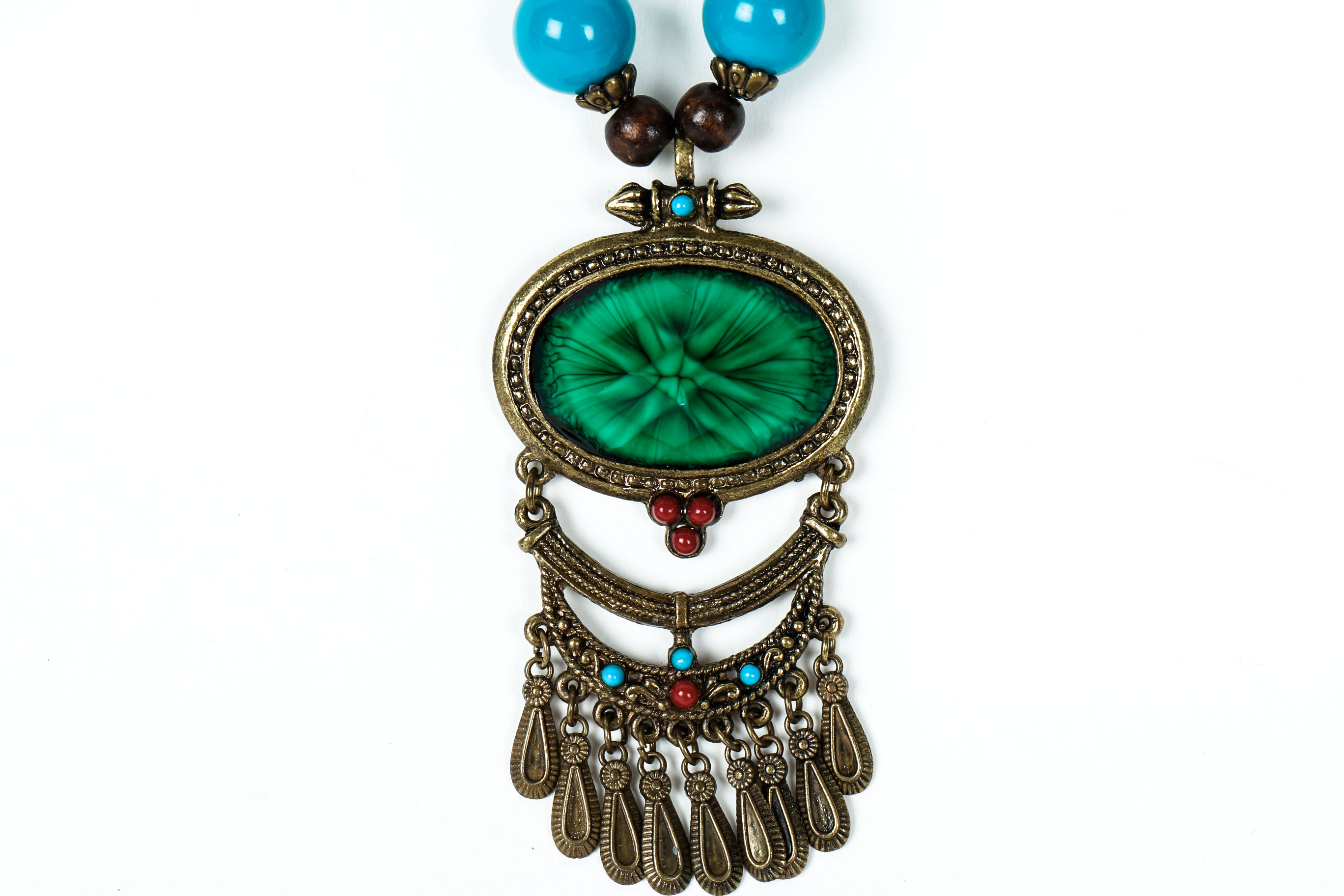 Vintage Colorful Faux Malachite and Turquoise Color Bead Tribal Necklace