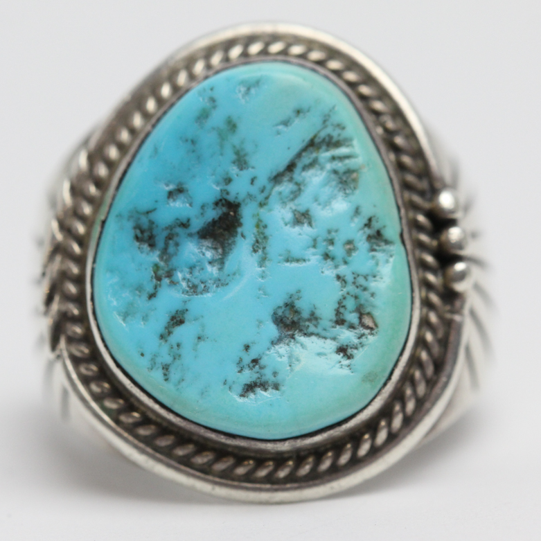 Apache Sterling Silver Kingman Turquoise Ring by Vergie Edwards