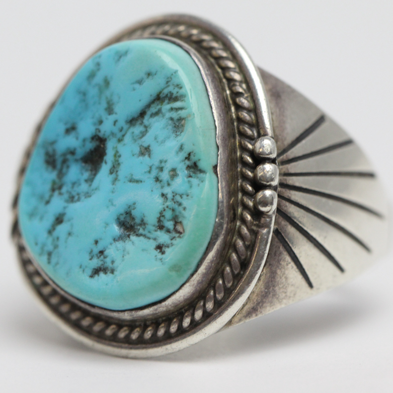 Apache Sterling Silver Kingman Turquoise Ring by Vergie Edwards