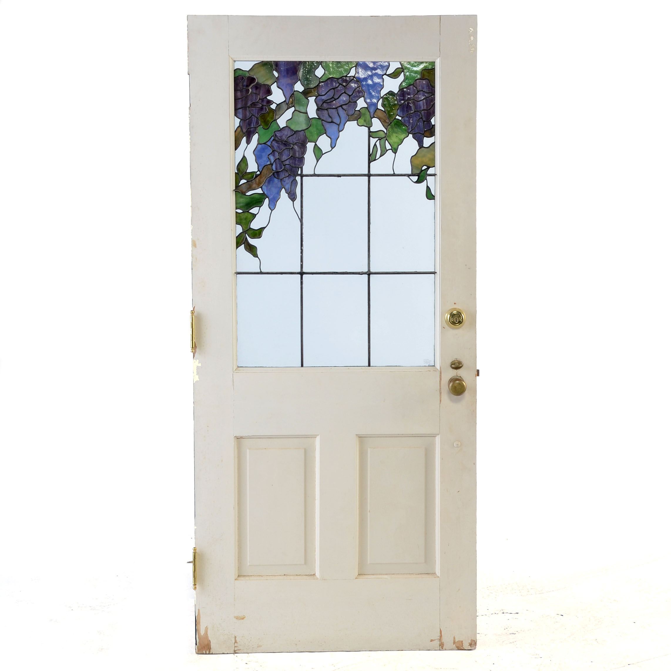 Wooden Door with Grape Motif Stained Glass Inset