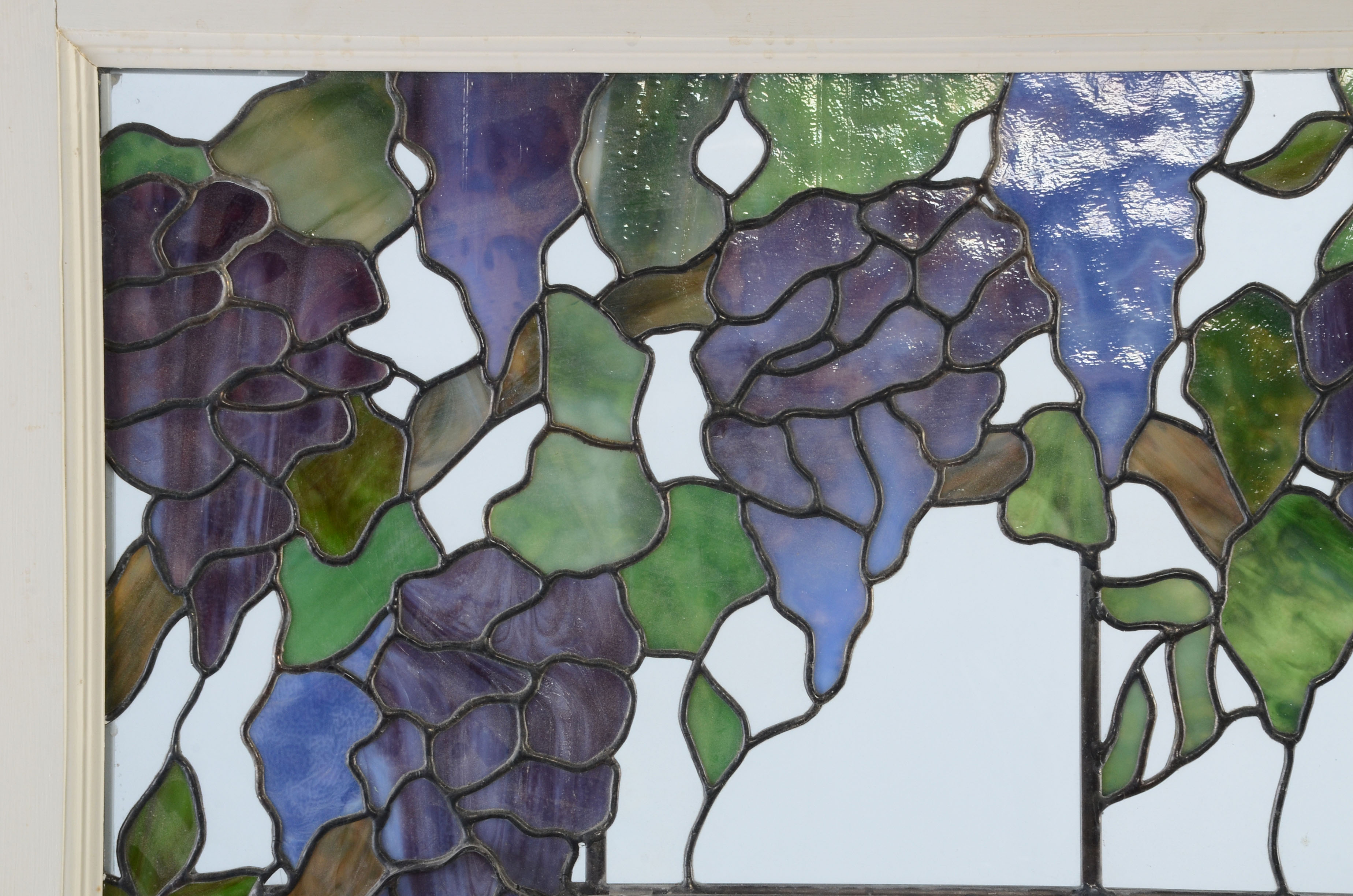 Wooden Door with Grape Motif Stained Glass Inset