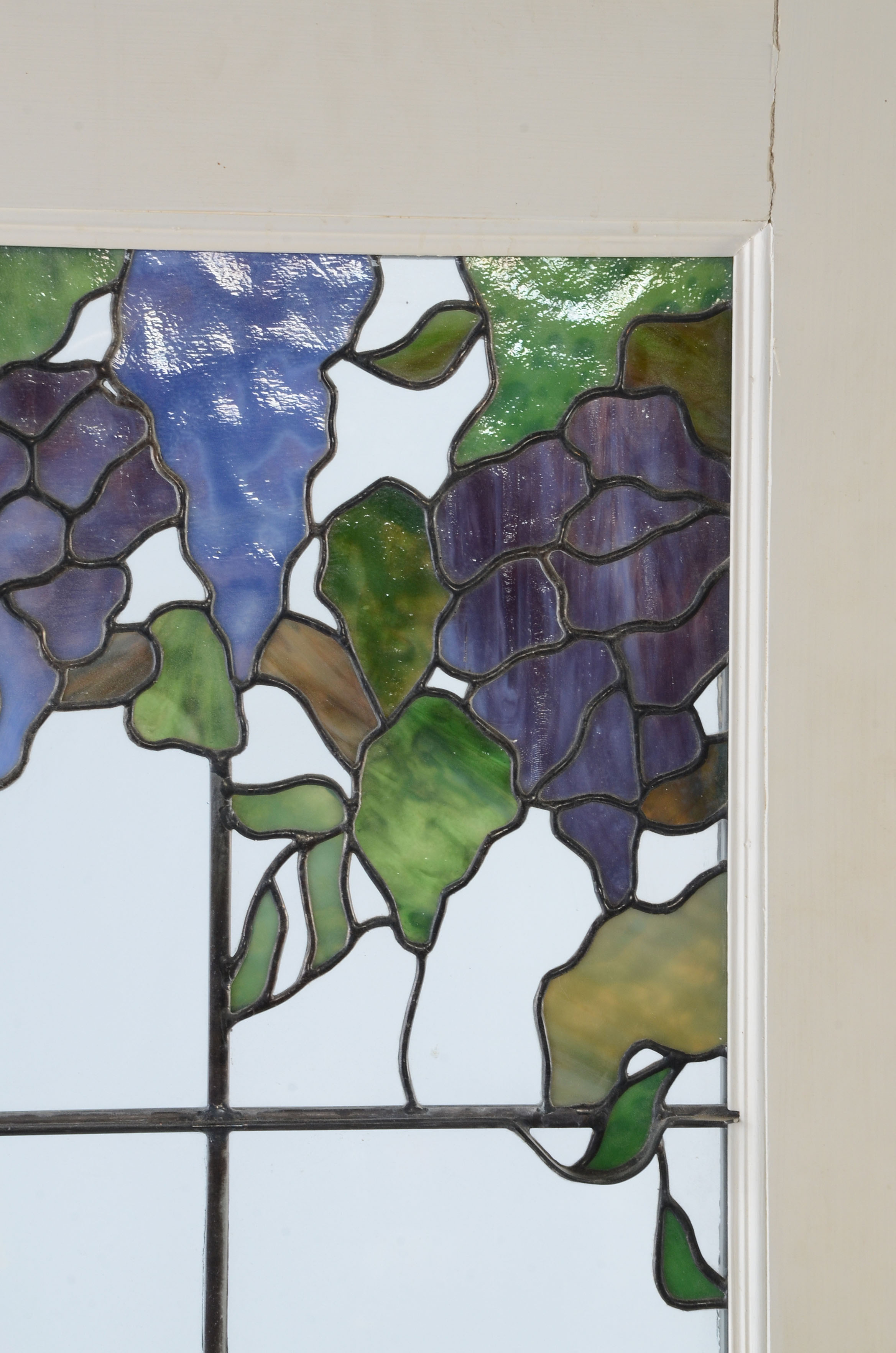 Wooden Door with Grape Motif Stained Glass Inset