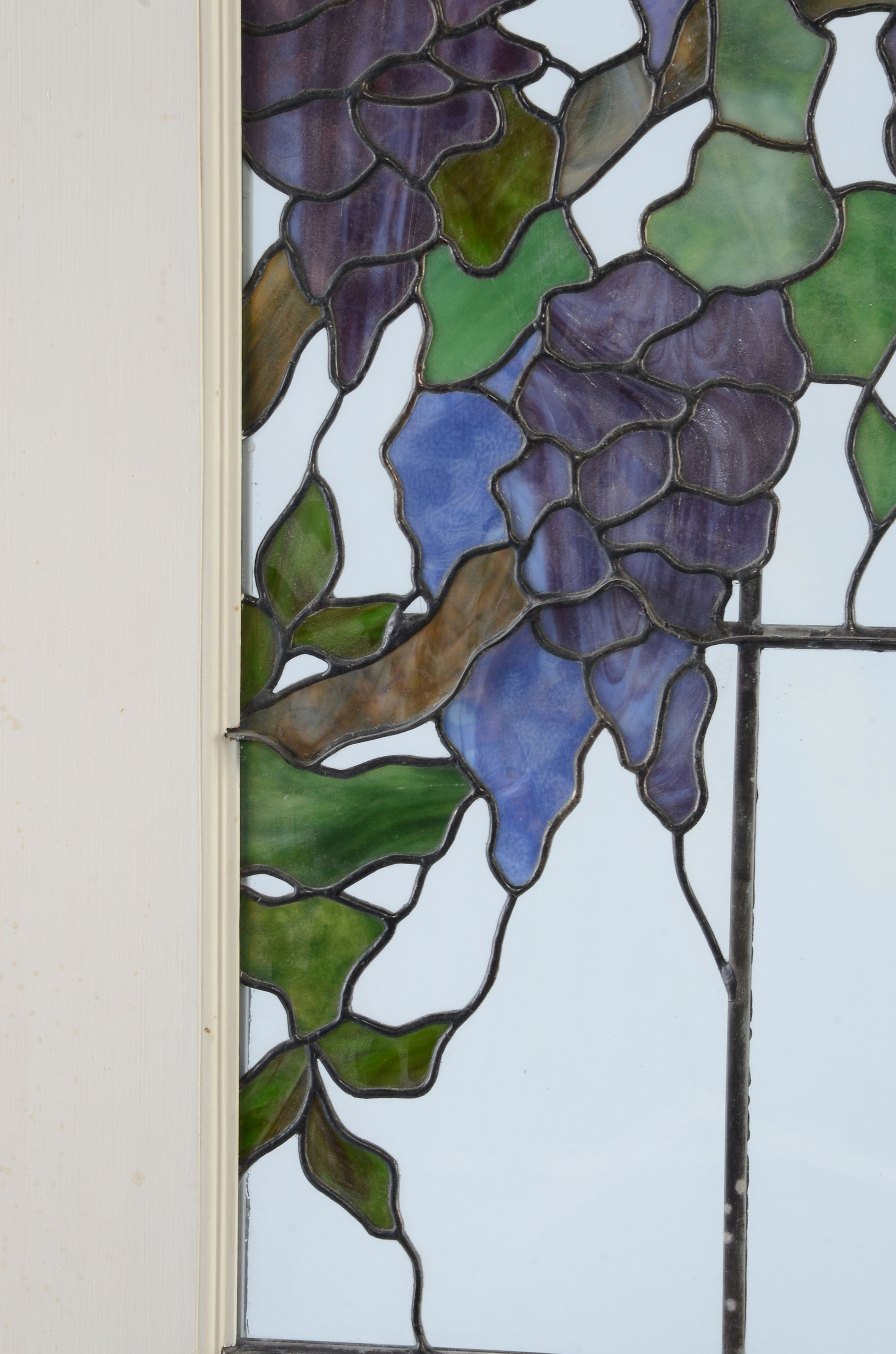 Wooden Door with Grape Motif Stained Glass Inset
