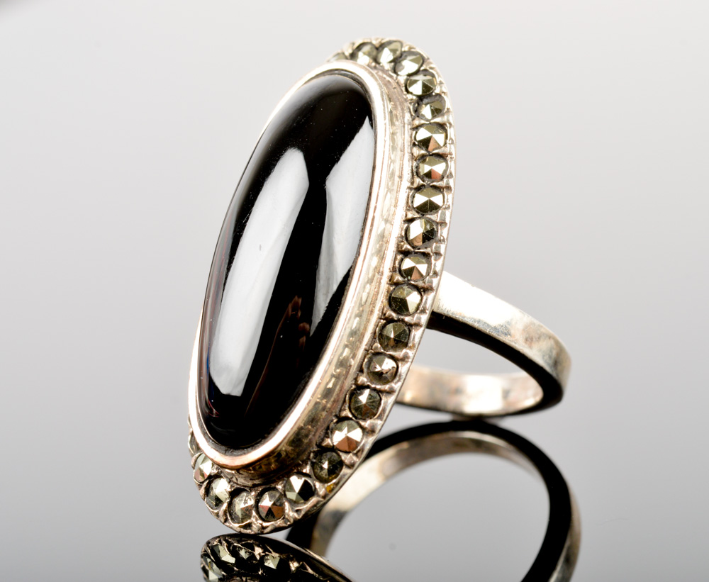 Sterling Silver, Onyx, and Marcasite Ring