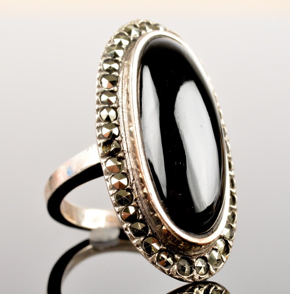 Sterling Silver, Onyx, and Marcasite Ring