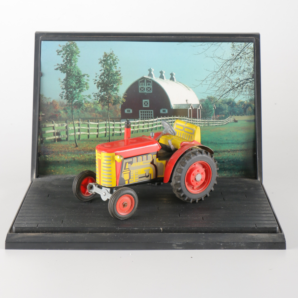 1970s Zetor Tin Litho Toy Tractor with Display Case
