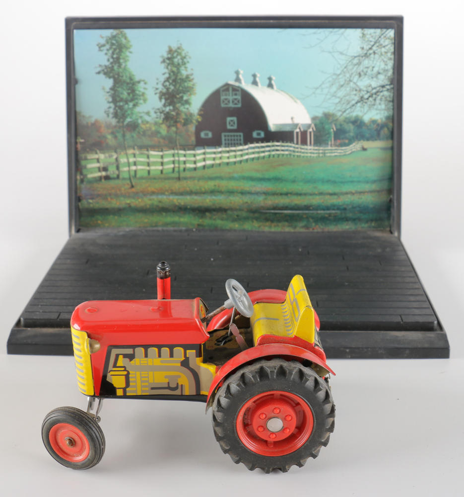 1970s Zetor Tin Litho Toy Tractor with Display Case