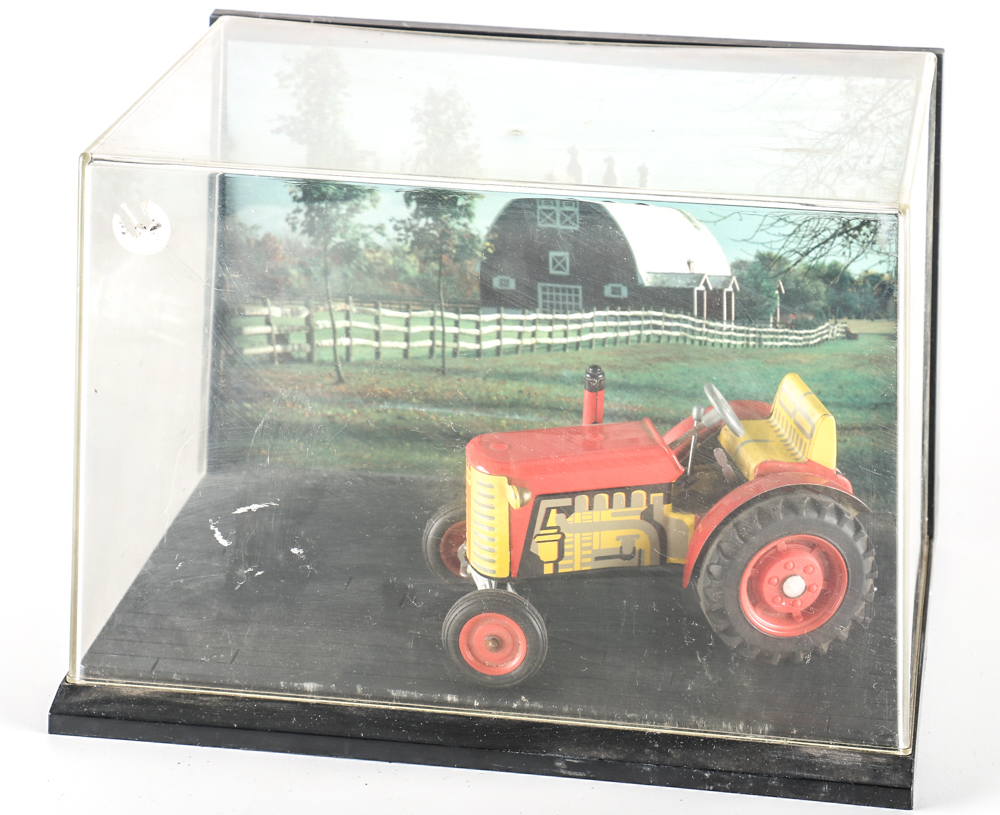1970s Zetor Tin Litho Toy Tractor with Display Case