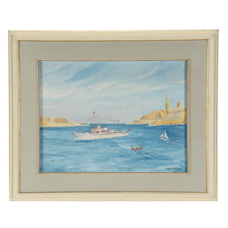 Sylvia Halliday Orginal Oil on Canvas Harbor Scene