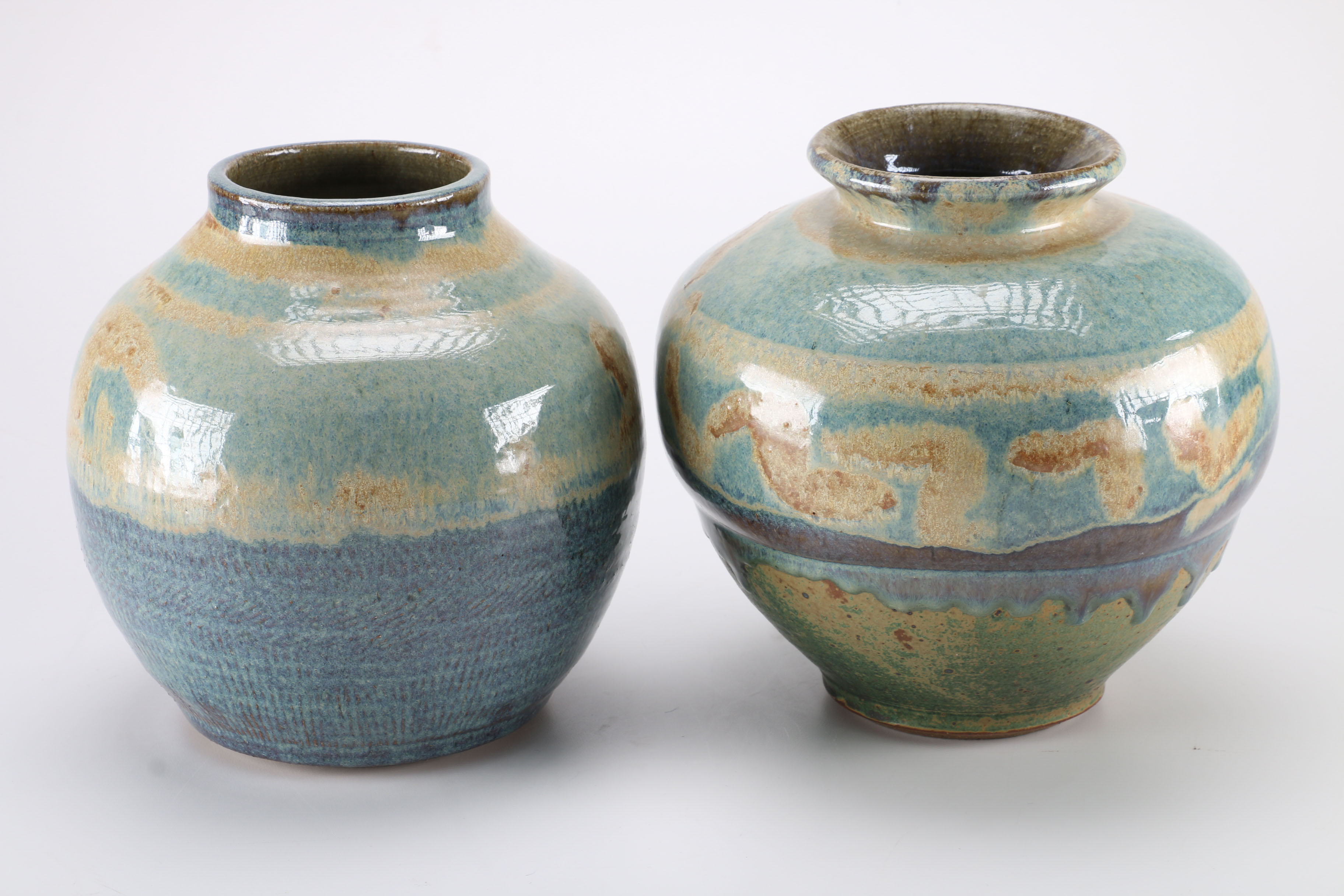 Set of Blue and Cream Pottery Vases