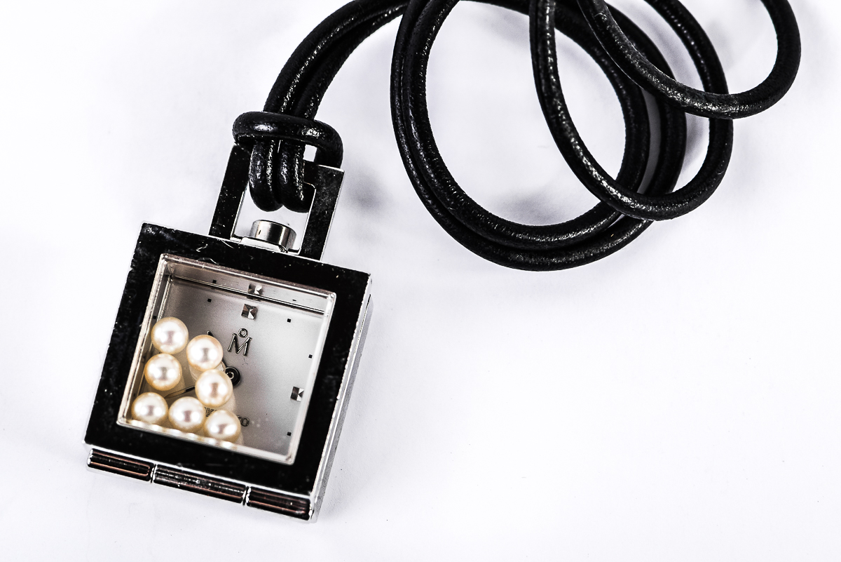 Mikimoto Floating Pearl and Stainless Steel Clock Pendant Necklace