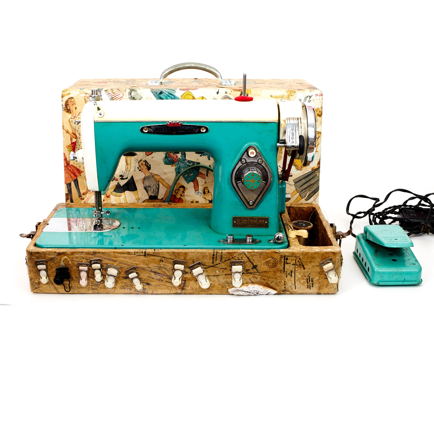 Vintage Hilton Deluxe Sewing Machine with Custom Decoupage Case
