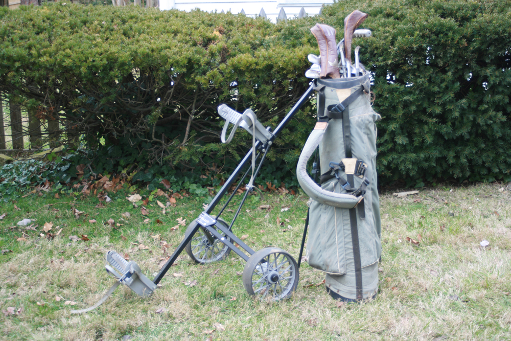 Vintage Golf Clubs with Bag and Caddy