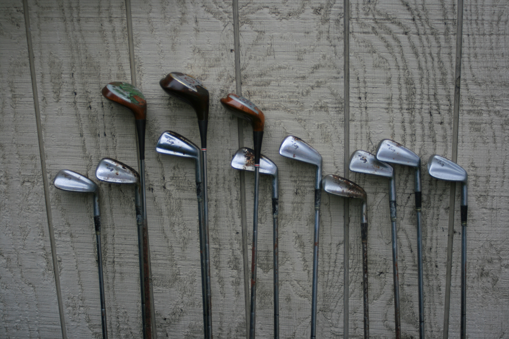 Vintage Golf Clubs with Bag and Caddy