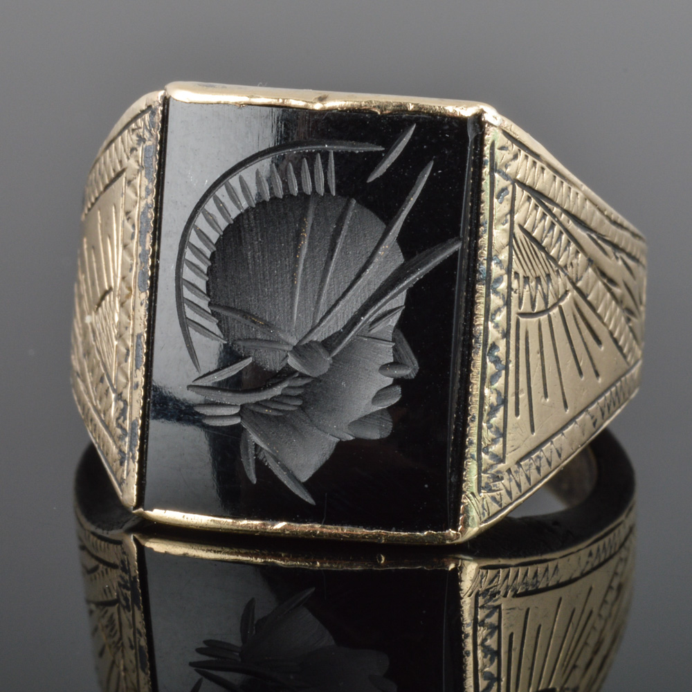14K Yellow Gold Over Sterling Onyx Intaglio Ring