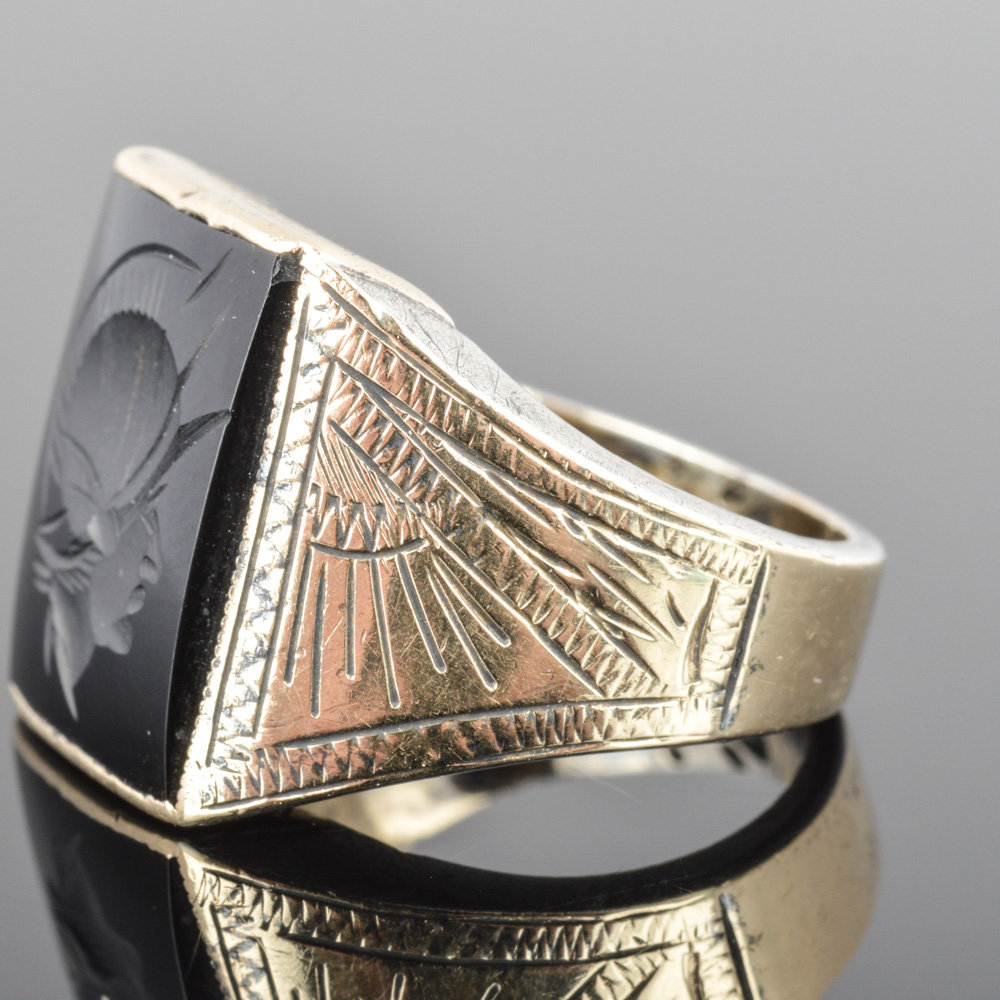 14K Yellow Gold Over Sterling Onyx Intaglio Ring