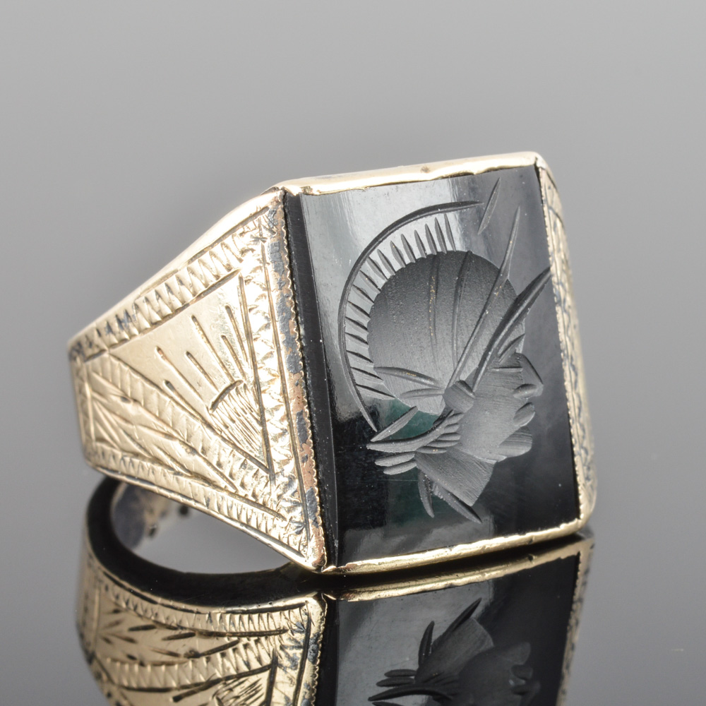 14K Yellow Gold Over Sterling Onyx Intaglio Ring