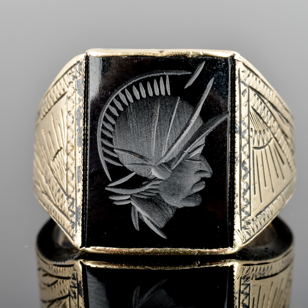 14K Yellow Gold Over Sterling Onyx Intaglio Ring