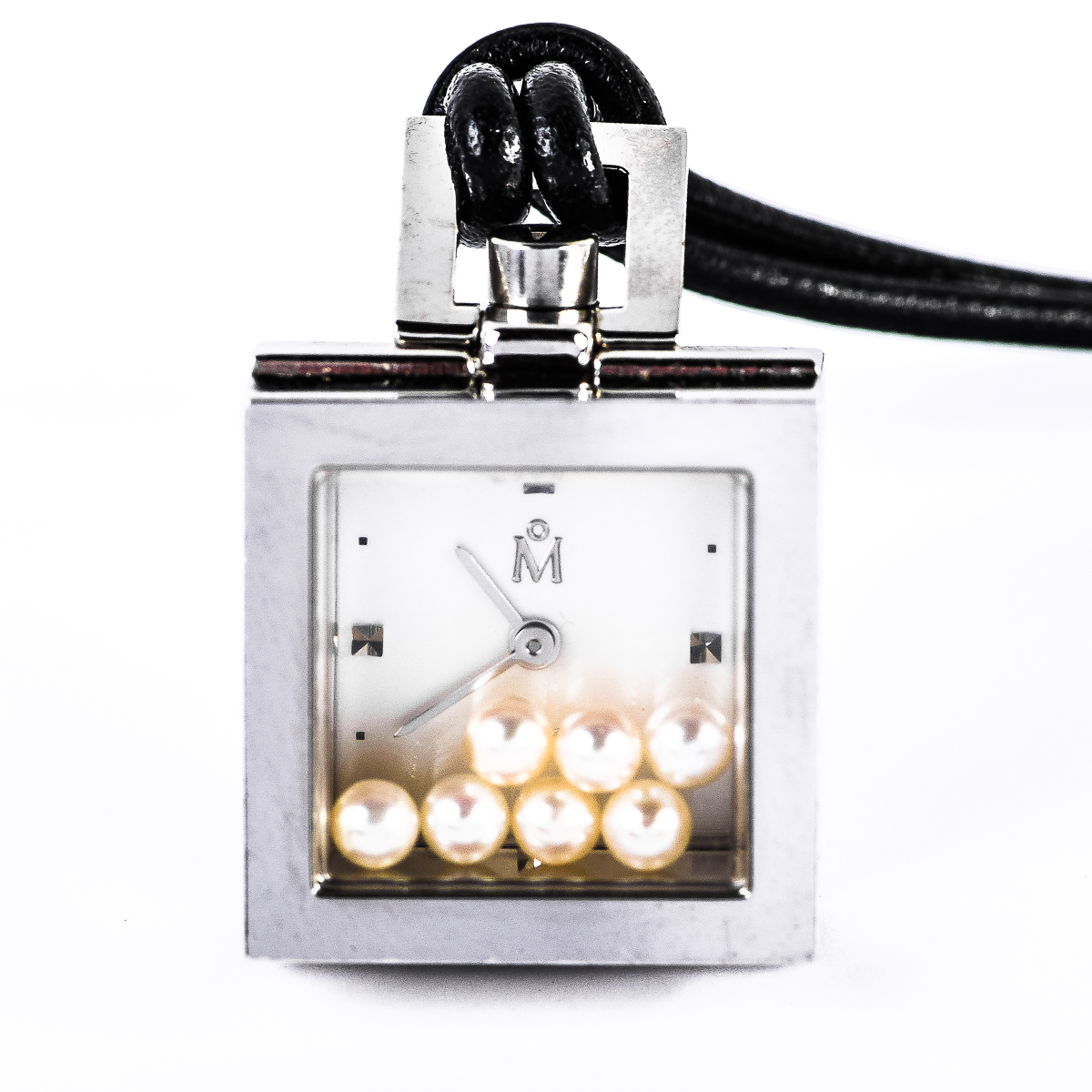 Mikimoto Floating Pearl and Stainless Steel Clock Pendant Necklace