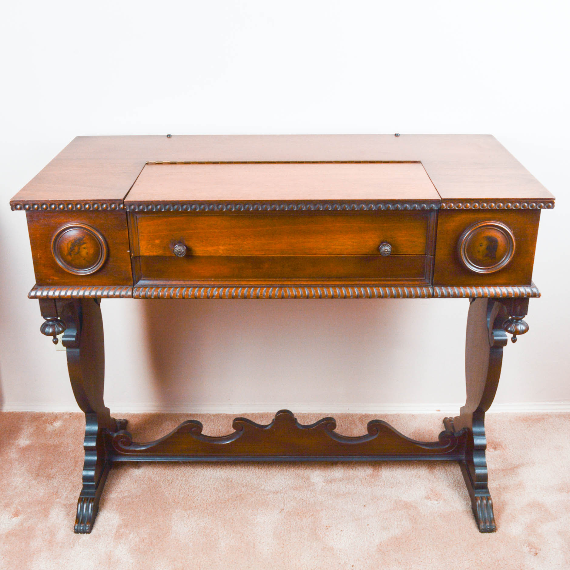 Antique Mahogany Trestle Base Spinet Desk