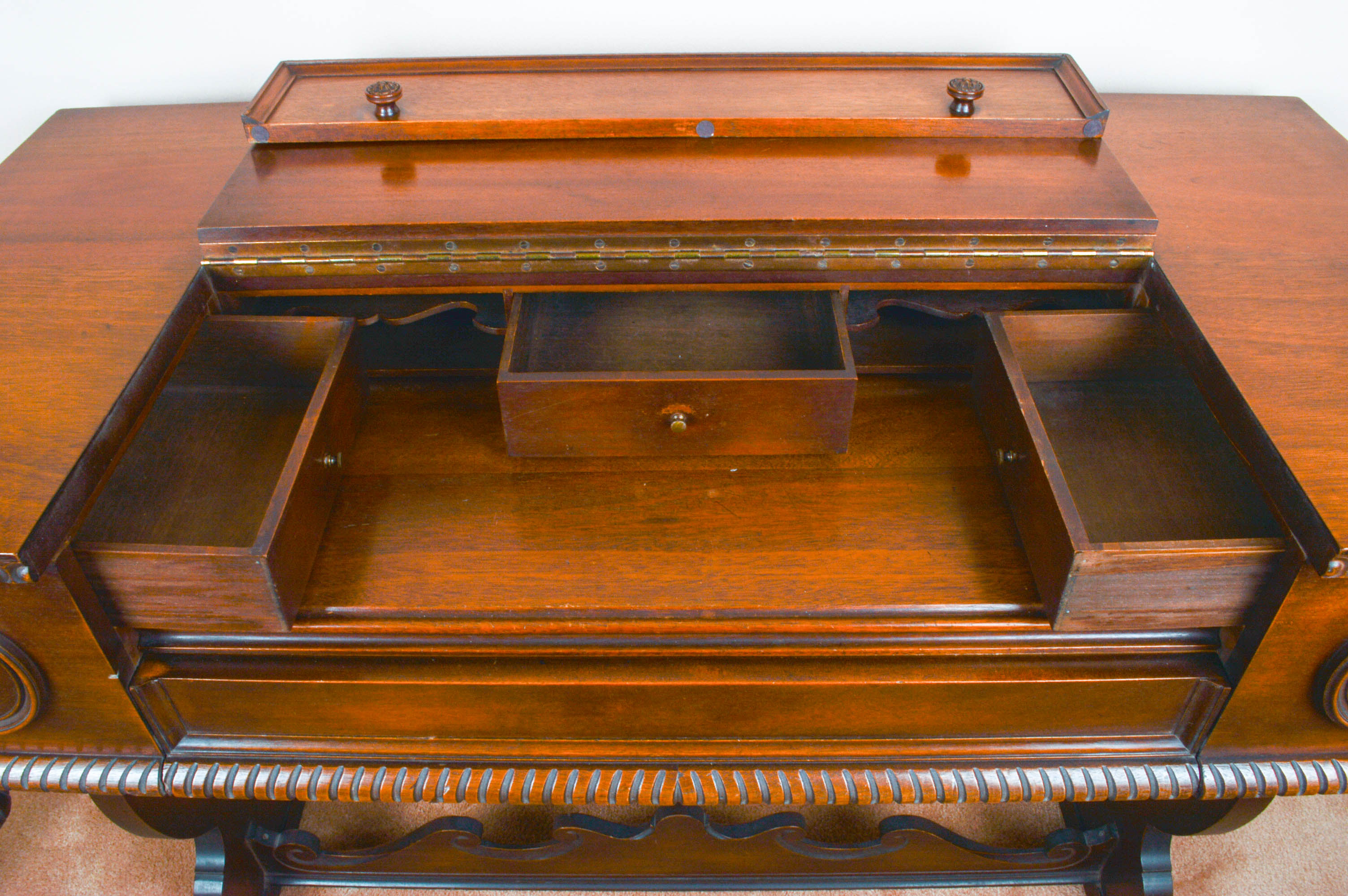 Antique Mahogany Trestle Base Spinet Desk