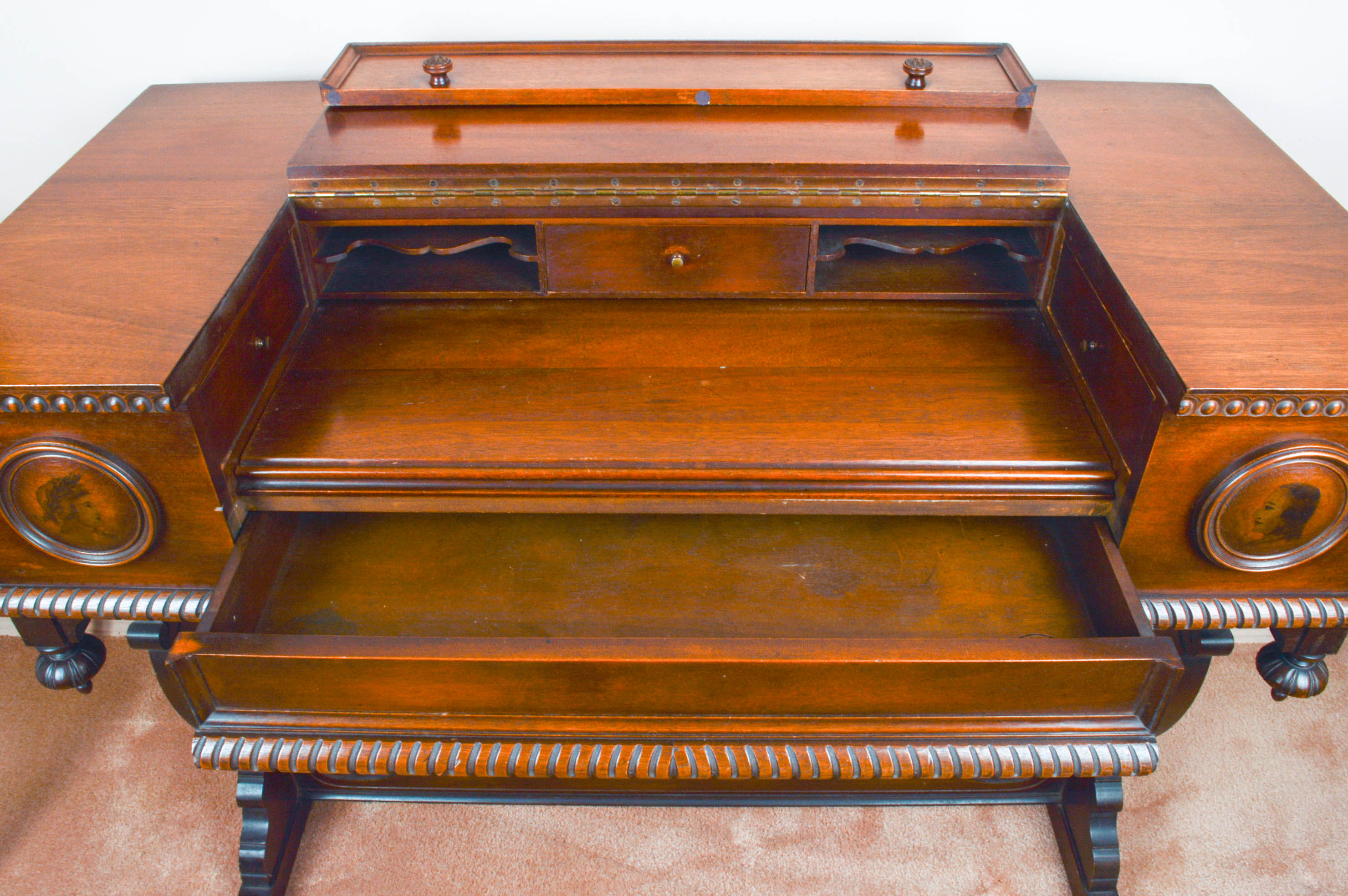 Antique Mahogany Trestle Base Spinet Desk