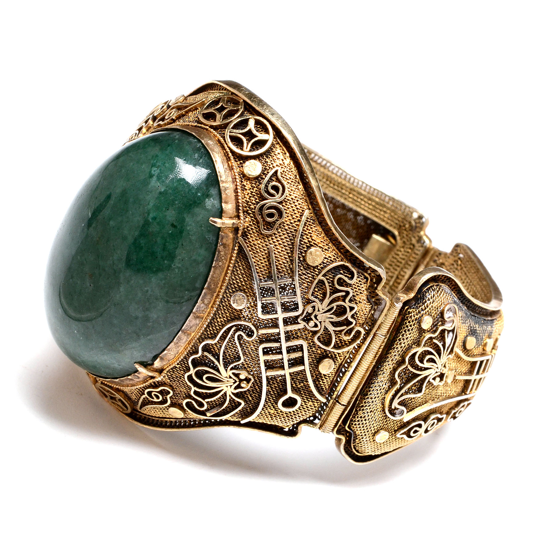 19th Century Chinese Qing Dynasty Period Serpentine Hinge Bracelet with Longevity and Bat Symbols in Mesh Silver with Gold Wash