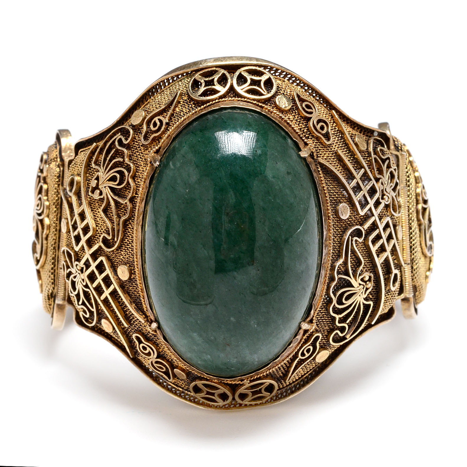 19th Century Chinese Qing Dynasty Period Serpentine Hinge Bracelet with Longevity and Bat Symbols in Mesh Silver with Gold Wash