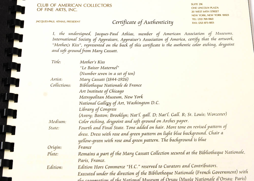 Mary Cassatt Posthumous Restrike Etching "The Mothers Kiss"