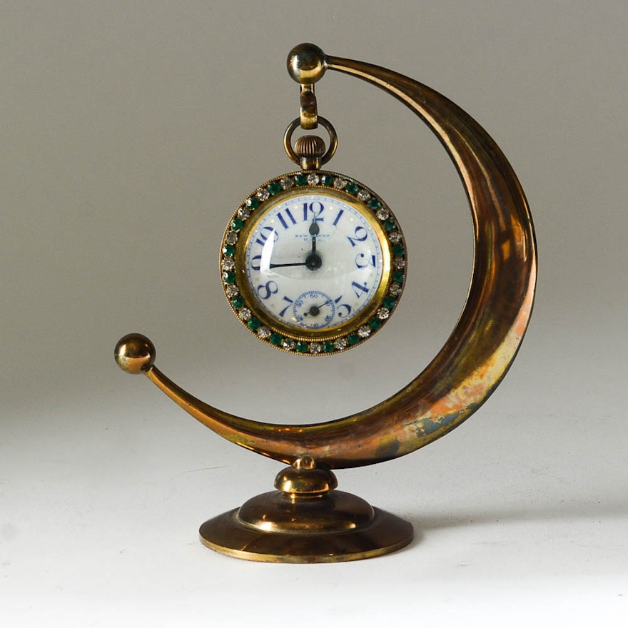 Rare 19th Century New Haven Clock Company Ball Clock and Crescent Moon-Shaped Stand