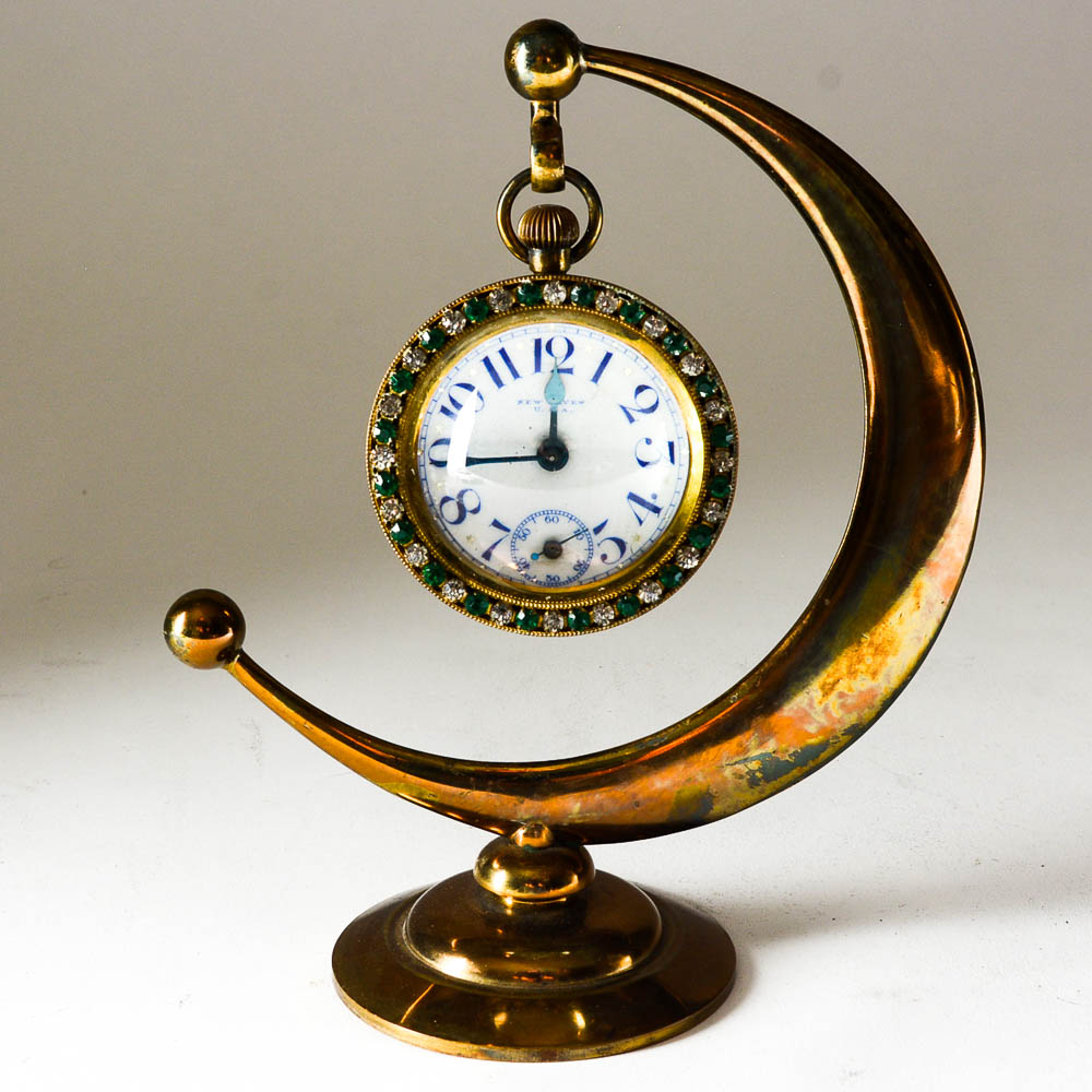 Rare 19th Century New Haven Clock Company Ball Clock and Crescent Moon-Shaped Stand