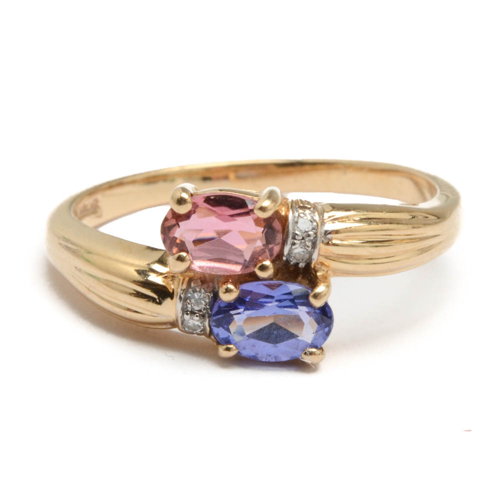 14K Yellow Gold Tanzanite, Pink Tourmaline and Diamond Ring