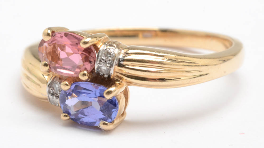 14K Yellow Gold Tanzanite, Pink Tourmaline and Diamond Ring