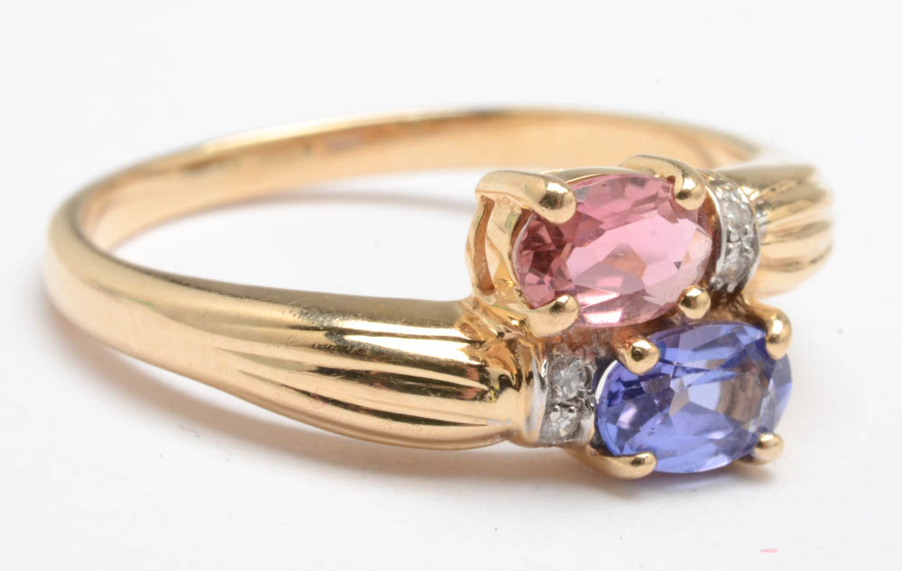 14K Yellow Gold Tanzanite, Pink Tourmaline and Diamond Ring
