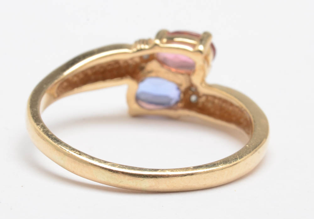 14K Yellow Gold Tanzanite, Pink Tourmaline and Diamond Ring