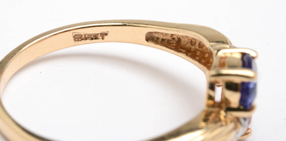 14K Yellow Gold Tanzanite, Pink Tourmaline and Diamond Ring