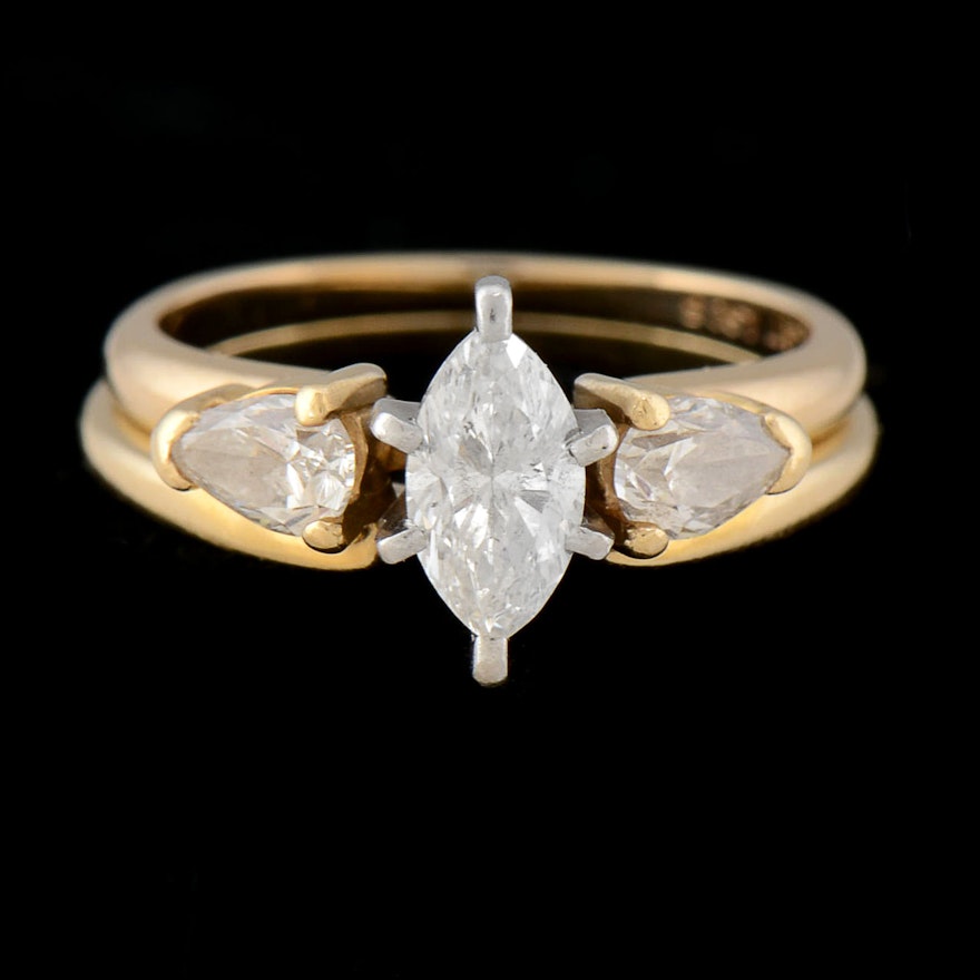 14K Gold and Platinum Diamond Solitaire Ring and 14K Diamond Guard