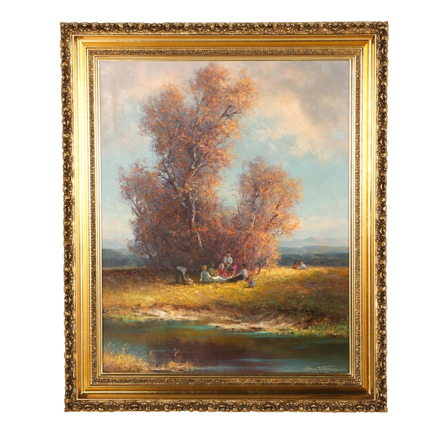 Hans Wagner Signed Oil Autumn Landscape in Gilt Frame