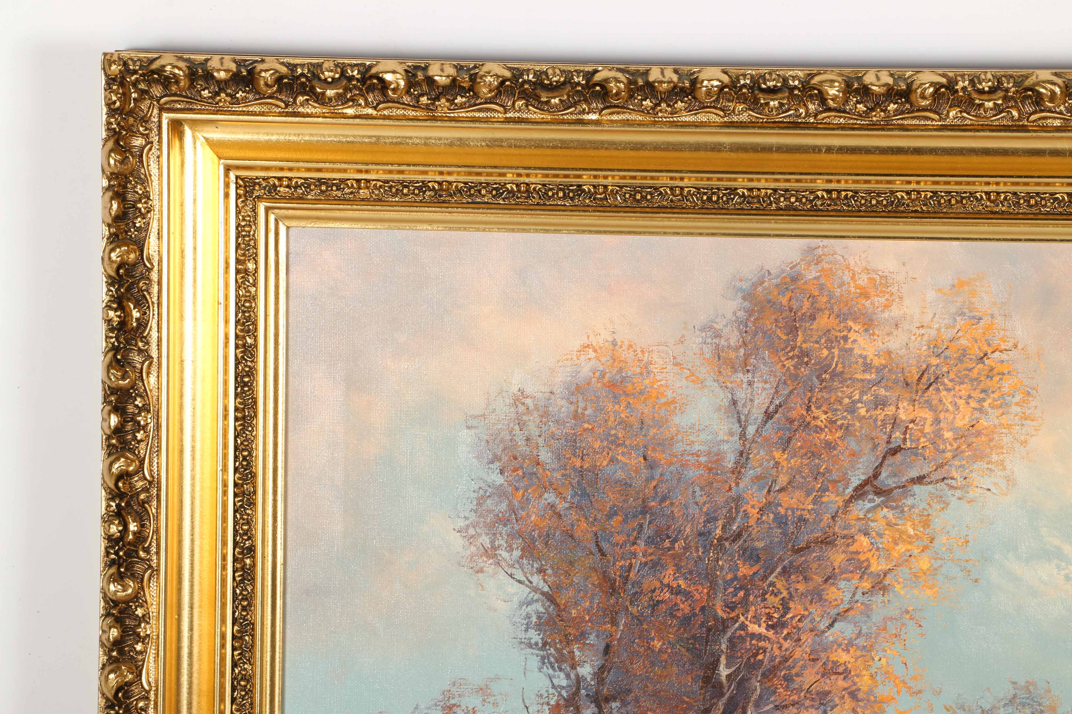 Hans Wagner Signed Oil Autumn Landscape in Gilt Frame