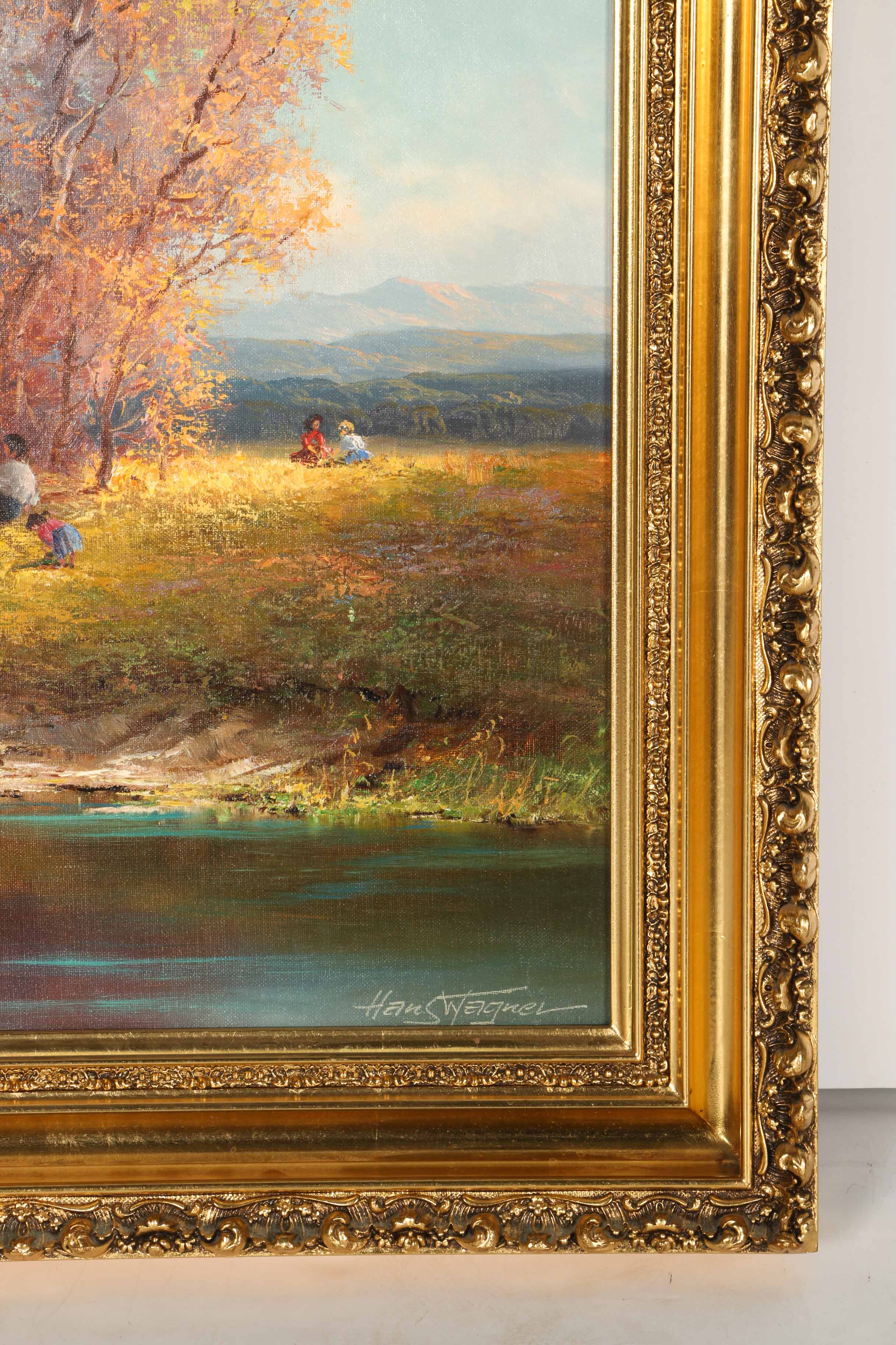 Hans Wagner Signed Oil Autumn Landscape in Gilt Frame