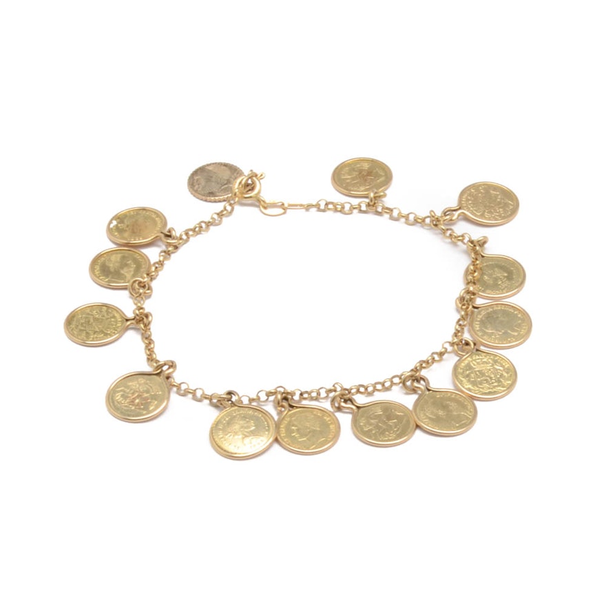 14K Yellow Gold Vintage Coin Charm Bracelet