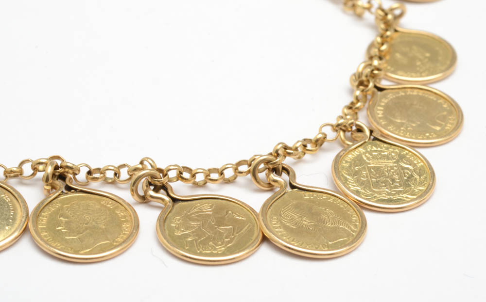 14K Yellow Gold Vintage Coin Charm Bracelet