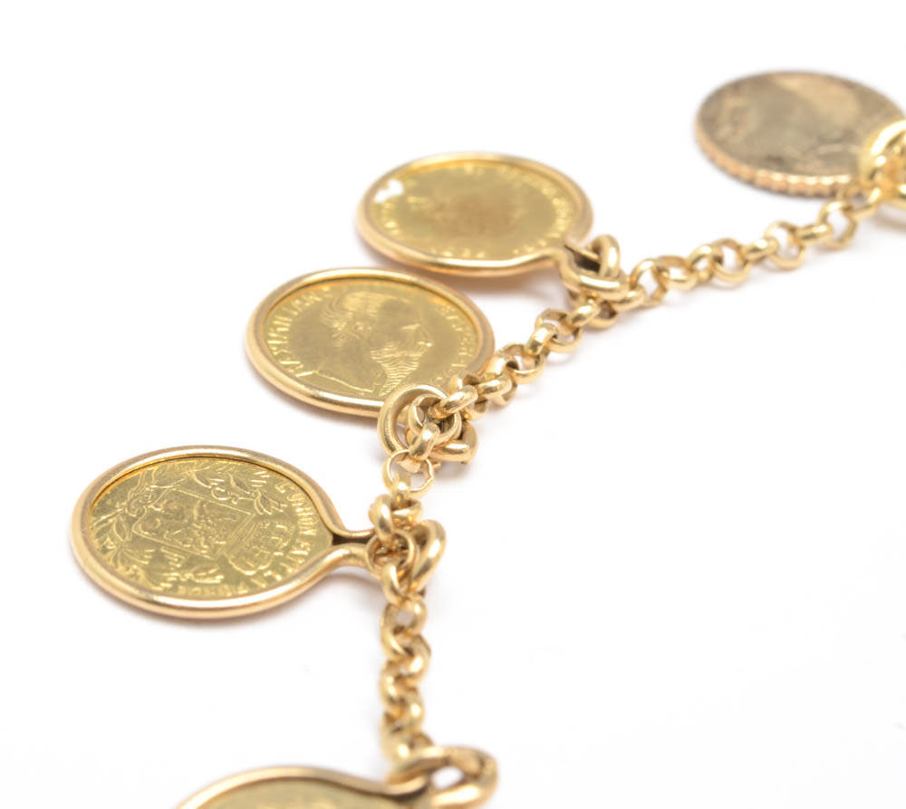 14K Yellow Gold Vintage Coin Charm Bracelet
