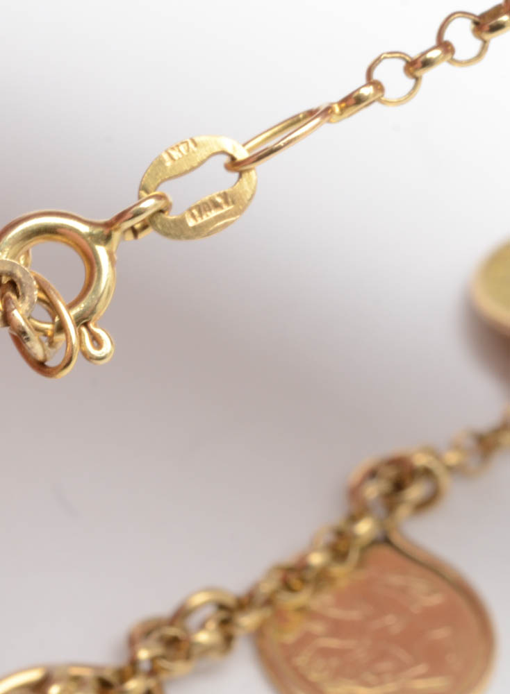 14K Yellow Gold Vintage Coin Charm Bracelet