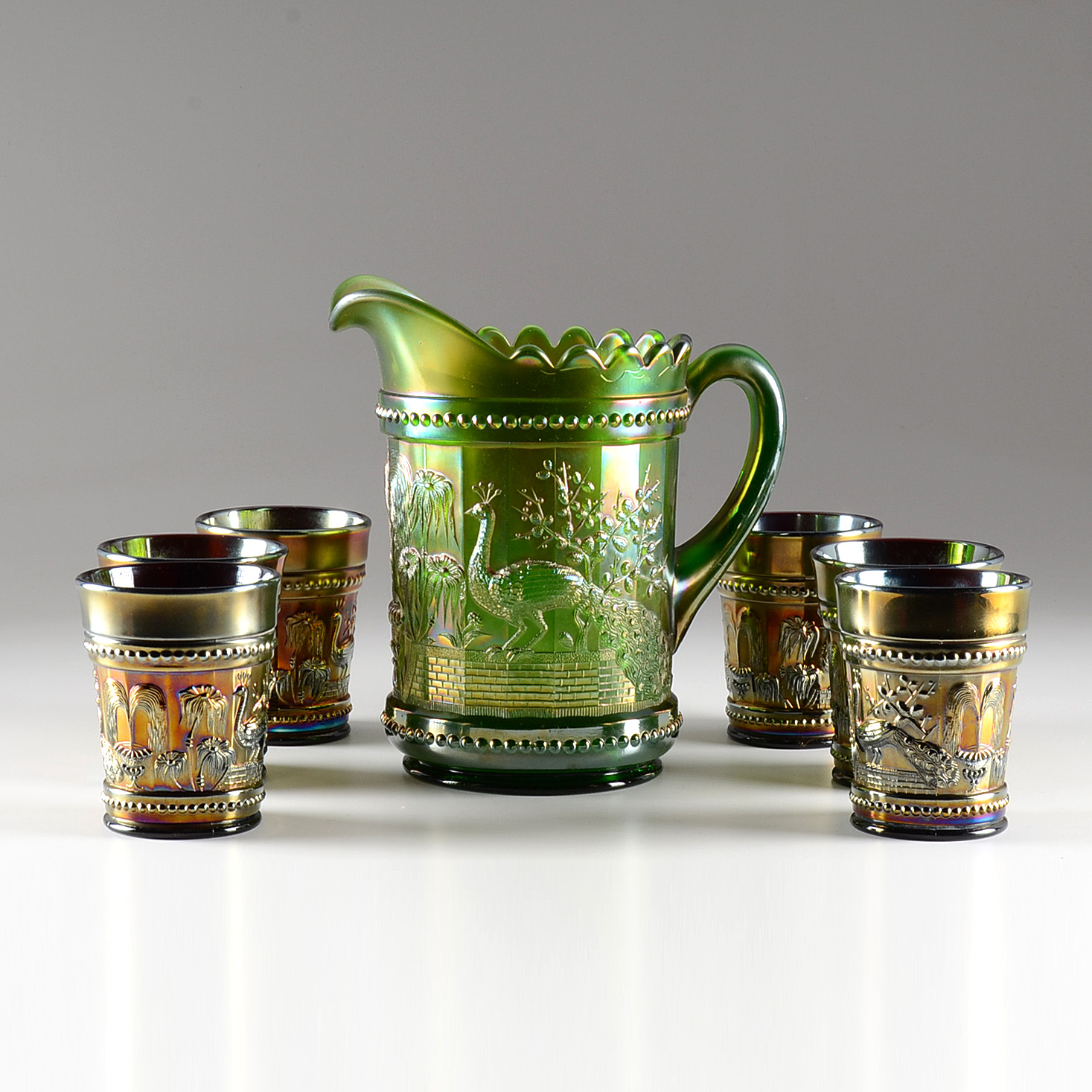 Set of Northwood "Peacock at the Fountain" Pitcher and Tumblers