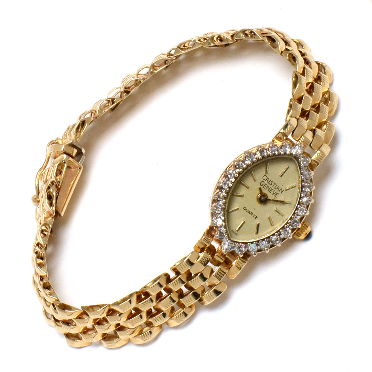 VIntage Christian Geneve 14K Yellow Gold Diamond Watch Bracelet