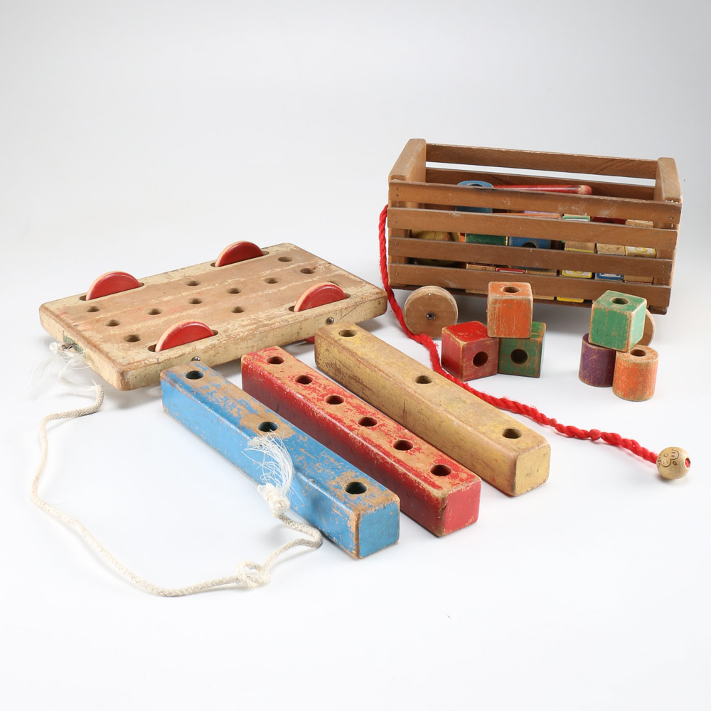 Vintage Wooden Pull Wagons and Painted Toy Blocks